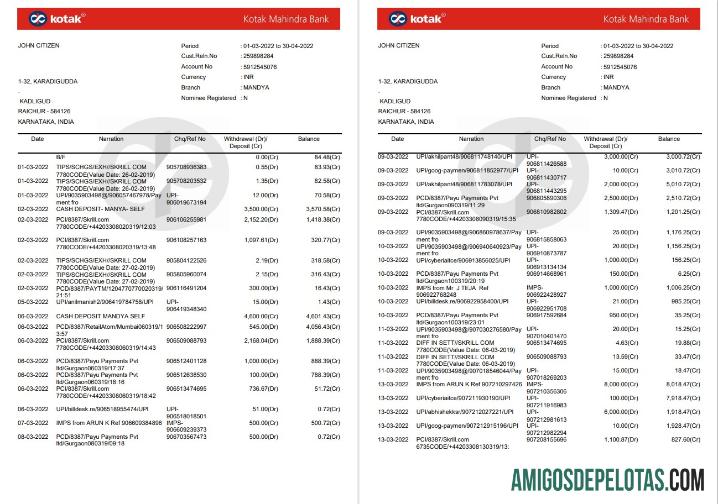 Extrato do Banco Kotak Mahindra da Índia 7 páginas amostra